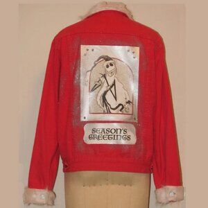 Upcycled Red Denim Jacket Jack Skellington